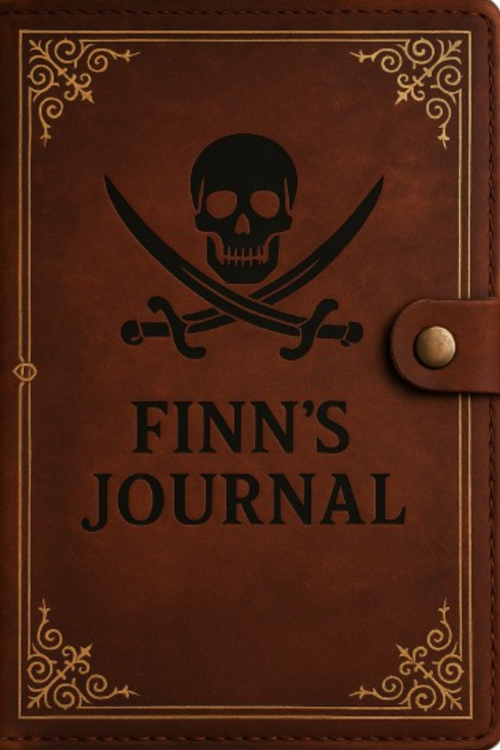 Brown leather style Finn’s Journal cover with skull and crossed swords